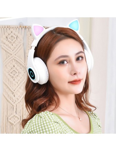 B39 Over Ear Music Headset Cat Ear Glowing Headphone Foldable Wireless BT5.0 Earphone Hands-free with Mic AUX IN TF Card MP3 Player for PC Laptop Computer Mobile Phone