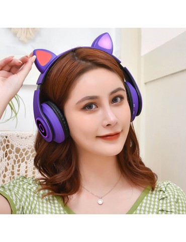 B39 Over Ear Music Headset Cat Ear Glowing Headphone Foldable Wireless BT5.0 Earphone Hands-free with Mic AUX IN TF Card MP3 Player for PC Laptop Computer Mobile Phone