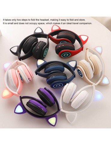 B39 Over Ear Music Headset Cat Ear Glowing Headphone Foldable Wireless BT5.0 Earphone Hands-free with Mic AUX IN TF Card MP3 Player for PC Laptop Computer Mobile Phone