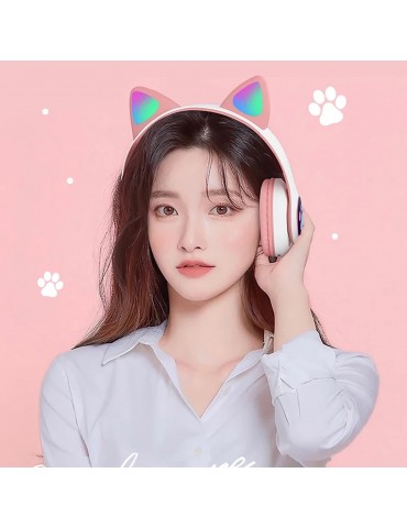 STN-28 Over Ear Music Headset Glowing Cat Ear Headphones Foldable Wireless BT5.0 Earphone with Mic AUX IN TF Card MP3 Player Colorful LED Lights for PC Laptop Computer Mobile Phone