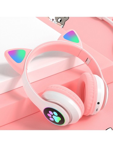 STN-28 Over Ear Music Headset Glowing Cat Ear Headphones Foldable Wireless BT5.0 Earphone with Mic AUX IN TF Card MP3 Player Colorful LED Lights for PC Laptop Computer Mobile Phone