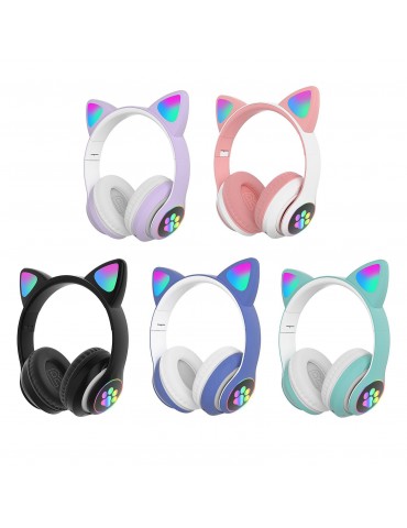 STN-28 Over Ear Music Headset Glowing Cat Ear Headphones Foldable Wireless BT5.0 Earphone with Mic AUX IN TF Card MP3 Player Colorful LED Lights for PC Laptop Computer Mobile Phone