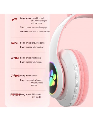 STN-28 Over Ear Music Headset Glowing Cat Ear Headphones Foldable Wireless BT5.0 Earphone with Mic AUX IN TF Card MP3 Player Colorful LED Lights for PC Laptop Computer Mobile Phone