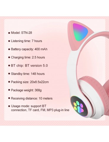 STN-28 Over Ear Music Headset Glowing Cat Ear Headphones Foldable Wireless BT5.0 Earphone with Mic AUX IN TF Card MP3 Player Colorful LED Lights for PC Laptop Computer Mobile Phone