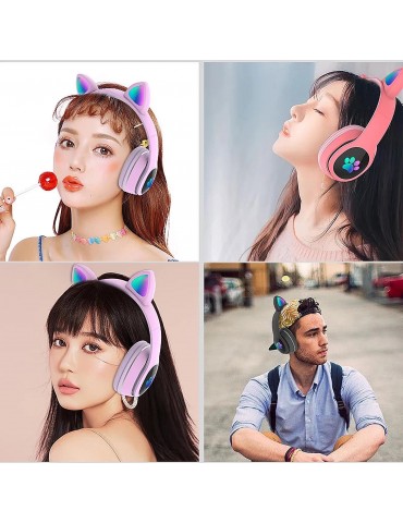 L400 Over Ear Music Headset Glowing Cat Ear Headphones 7 Color Breathing Lights Foldable Wireless BT5.0 Earphone with Mic AUX IN TF Card MP3 Player for PC Laptop Computer Mobile Phone