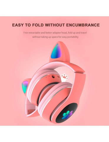 L400 Over Ear Music Headset Glowing Cat Ear Headphones 7 Color Breathing Lights Foldable Wireless BT5.0 Earphone with Mic AUX IN TF Card MP3 Player for PC Laptop Computer Mobile Phone