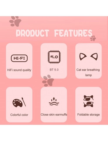 L400 Over Ear Music Headset Glowing Cat Ear Headphones 7 Color Breathing Lights Foldable Wireless BT5.0 Earphone with Mic AUX IN TF Card MP3 Player for PC Laptop Computer Mobile Phone