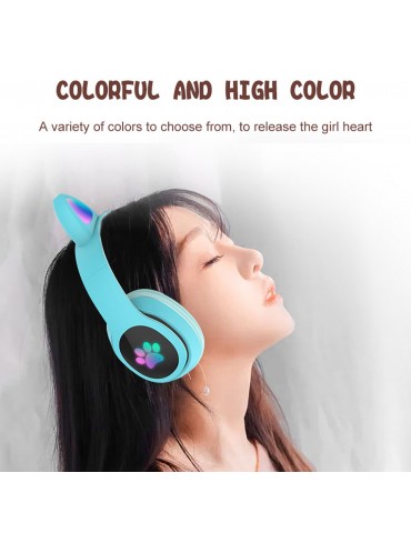 L400 Over Ear Music Headset Glowing Cat Ear Headphones 7 Color Breathing Lights Foldable Wireless BT5.0 Earphone with Mic AUX IN TF Card MP3 Player for PC Laptop Computer Mobile Phone