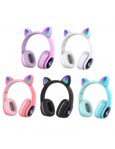 L400 Over Ear Music Headset Glowing Cat Ear Headphones 7 Color Breathing Lights Foldable Wireless BT5.0 Earphone with Mic AUX IN TF Card MP3 Player for PC Laptop Computer Mobile Phone