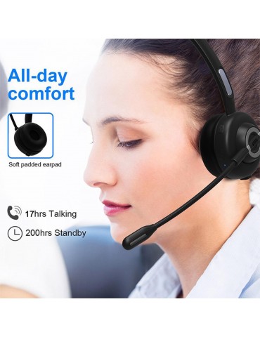 BH-M97 On Ear Headset Bluetooth 5.0 Wireless Headphones Call Center Earphone with Noise Cancelling Microphone Adjustable Headband Volume Control with Charging Dock