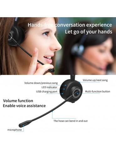 BH-M97 On Ear Headset Bluetooth 5.0 Wireless Headphones Call Center Earphone with Noise Cancelling Microphone Adjustable Headband Volume Control with Charging Dock