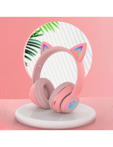 L550 Over Ear Music Headset Glowing Cat Ear Headphones 7 Color Breathing Lights Foldable Wireless BT5.0 Earphone with Mic AUX IN TF Card MP3 Player for PC Laptop Computer Mobile Phone