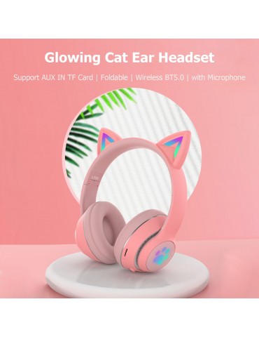 L550 Over Ear Music Headset Glowing Cat Ear Headphones 7 Color Breathing Lights Foldable Wireless BT5.0 Earphone with Mic AUX IN TF Card MP3 Player for PC Laptop Computer Mobile Phone