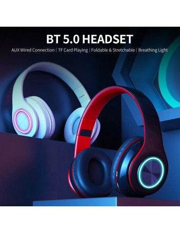 Foldable BT 5.0 Headset Wireless&Wired Headset with Breathing Light Support TF Card Playing Stretchable Headband, Black