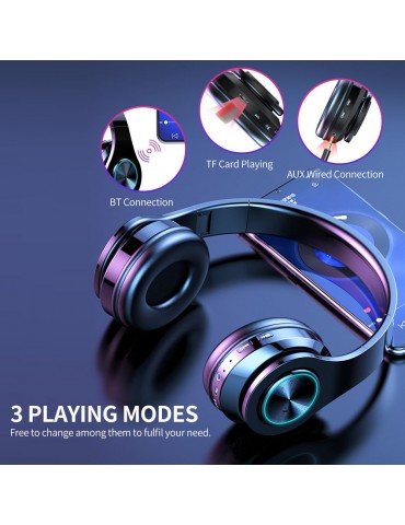 Foldable BT 5.0 Headset Wireless&Wired Headset with Breathing Light Support TF Card Playing Stretchable Headband, Black