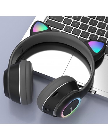 L450 Over Ear Music Headset Glowing Cat Ear Headphones 7 Color Breathing Lights Foldable Wireless BT5.0 Earphone with Mic AUX IN TF Card MP3 Player for PC Laptop Computer Mobile Phone