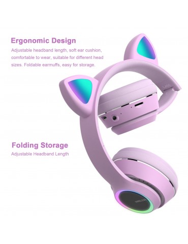 L450 Over Ear Music Headset Glowing Cat Ear Headphones 7 Color Breathing Lights Foldable Wireless BT5.0 Earphone with Mic AUX IN TF Card MP3 Player for PC Laptop Computer Mobile Phone