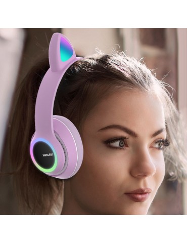 L450 Over Ear Music Headset Glowing Cat Ear Headphones 7 Color Breathing Lights Foldable Wireless BT5.0 Earphone with Mic AUX IN TF Card MP3 Player for PC Laptop Computer Mobile Phone