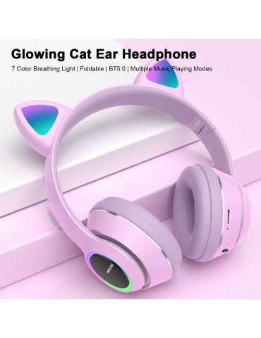 L450 Over Ear Music Headset Glowing Cat Ear Headphones 7 Color Breathing Lights Foldable Wireless BT5.0 Earphone with Mic AUX IN TF Card MP3 Player for PC Laptop Computer Mobile Phone