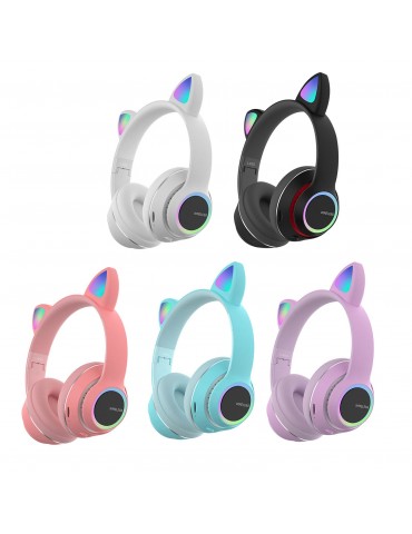 L450 Over Ear Music Headset Glowing Cat Ear Headphones 7 Color Breathing Lights Foldable Wireless BT5.0 Earphone with Mic AUX IN TF Card MP3 Player for PC Laptop Computer Mobile Phone