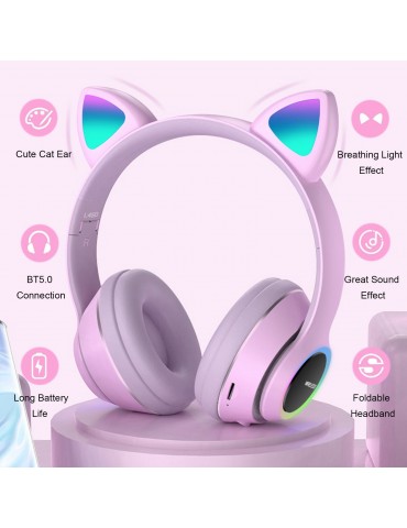 L450 Over Ear Music Headset Glowing Cat Ear Headphones 7 Color Breathing Lights Foldable Wireless BT5.0 Earphone with Mic AUX IN TF Card MP3 Player for PC Laptop Computer Mobile Phone