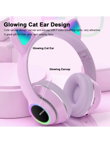 L450 Over Ear Music Headset Glowing Cat Ear Headphones 7 Color Breathing Lights Foldable Wireless BT5.0 Earphone with Mic AUX IN TF Card MP3 Player for PC Laptop Computer Mobile Phone