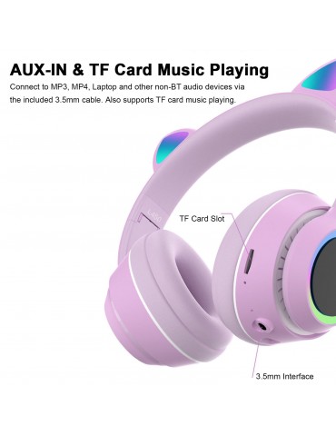 L450 Over Ear Music Headset Glowing Cat Ear Headphones 7 Color Breathing Lights Foldable Wireless BT5.0 Earphone with Mic AUX IN TF Card MP3 Player for PC Laptop Computer Mobile Phone