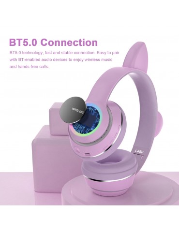 L450 Over Ear Music Headset Glowing Cat Ear Headphones 7 Color Breathing Lights Foldable Wireless BT5.0 Earphone with Mic AUX IN TF Card MP3 Player for PC Laptop Computer Mobile Phone