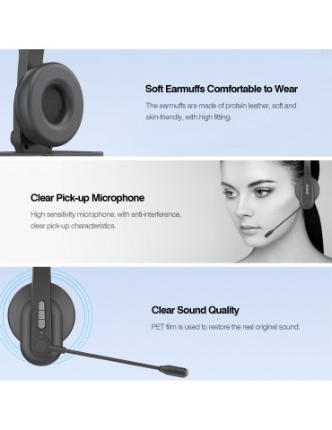 2.4GHz Wireless Headphones Call Center Earphone On Ear Headset with ENC Noise Reduction Microphone Adjustable Headband Volume Control with Charging Dock