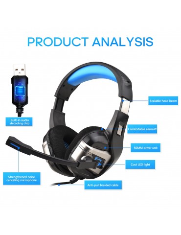 USB Wired Gaming Headset Stereo Surround Sound Headphone with Noise Cancelling Mic 50mm Drivers 3.5mm Volume Control for PC Laptop