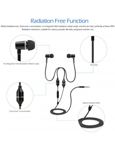 FC12 Stereo Music Headset Air Tube 3.5mm Anti-radiation Earphone In-ear Headphone Radiation Free Noise Reduction Line Control with Mic Black for Smart Phones Desktop Notebook Tablet PC