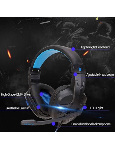 SY860MV Gaming Headset 3.5mm Wired Over Ear Headphones Noise Canceling Earphone with Mic LED Light Volume Control AUX+USB for Desktop PC