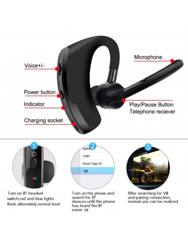 V8 Single Ear BT4.1 Headset 270 Degrees Rotation Handsfree Calls Number Broadcast Long-lasting Battery Life