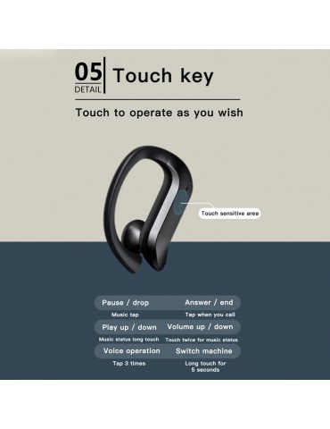 MD03 BT5.0 Wireless Headphones Ear Hook Touch Control IPX5 Waterproof Electric Quantity Display