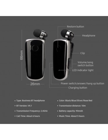 Portable Business BT Headphone Scalable Clip Type BT Noise Reduction Earphone with Incoming Call Vibration Function Blue